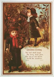 Two Victorian Children Collecting Autumn Berries and Mistletoe by English School